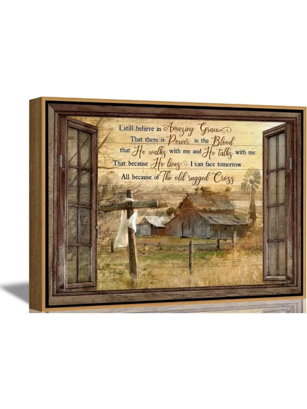 Rustic Christian Canvas Wall Art - Amazing Grace Cross Windmill Decor 12x16